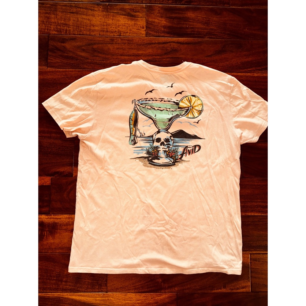 Avid T-Shirt Mens Large Peach Excellent Margarita Skull Fishing Graphic Tee